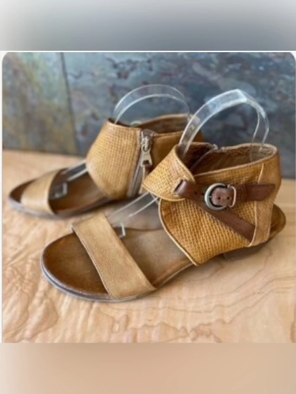 Miz Mooz Tan Woven Leather Ankle Strap Sandals